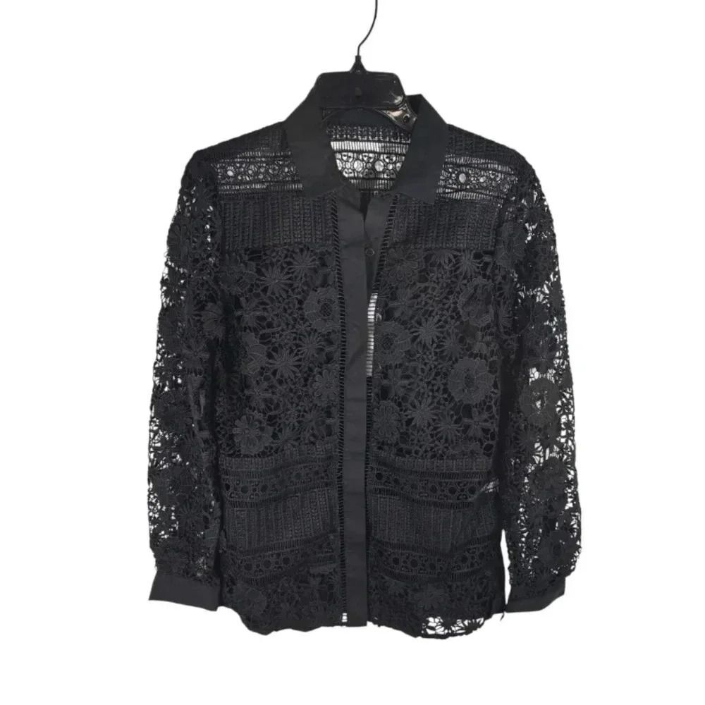 {French Connection} Women's Eadu Lace Long Sleeve Panelled Shirt - Size Small
